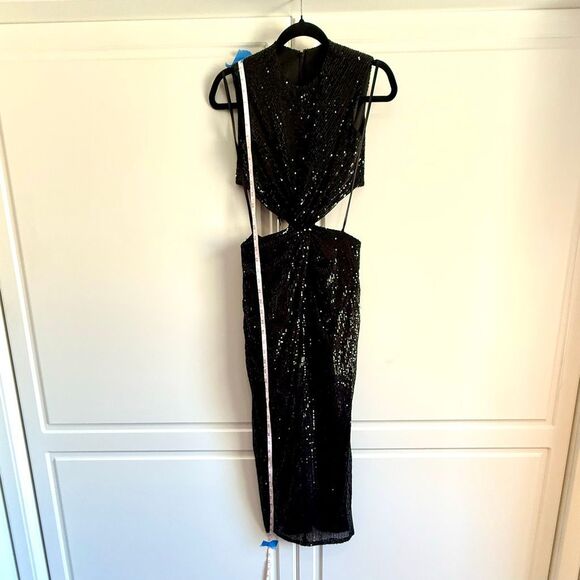 NWT Ieena for Mac Duggal NEW Sleeveless Black Sequin Midi Cutout Dress, style nu - Picture 9 of 11